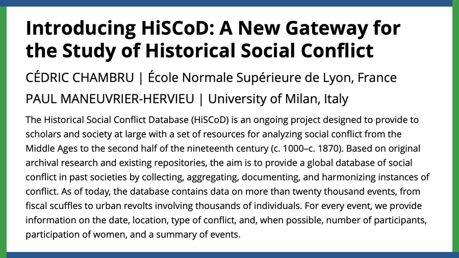 Congrats to @CedricChambru & @pmaneuvre for the publication of their latest research paper 'Introducing HiSCoD: A New Gateway for the Study of Historical Social Conflict' in @apsrjournal. @ENSdeLyon @InfoCERGIC @MatCoutt cambridge.org/core/journals/…