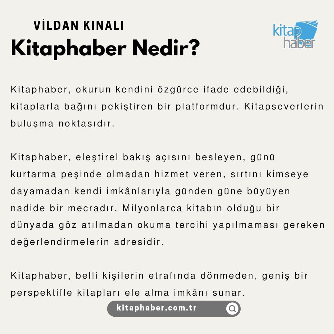 Vildan Kınalı, yazdı. Kitaphaber nedir? Sorgusuna dair değerleri linkten okuyabilirsiniz. kitaphaber.com.tr/kitaphaber-ned… #kitaphaber #vildankınalı #kitaphabernedir #kitaplardanbirdünya #kitaphaberokumahareketi