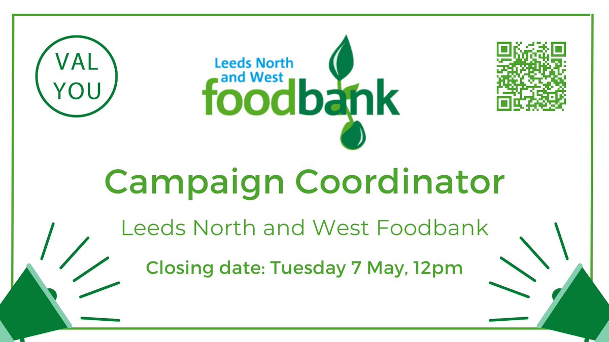 📣 New Job Alert 📣 @NW_leedsfood @TrussellTrust - Leeds North and West Foodbank is recruiting for a full time 'Campaign Coordinator'. 📅Closing 7 May 2024 For further information and details on how to apply please go to👉ow.ly/VzaW50RhUGQ