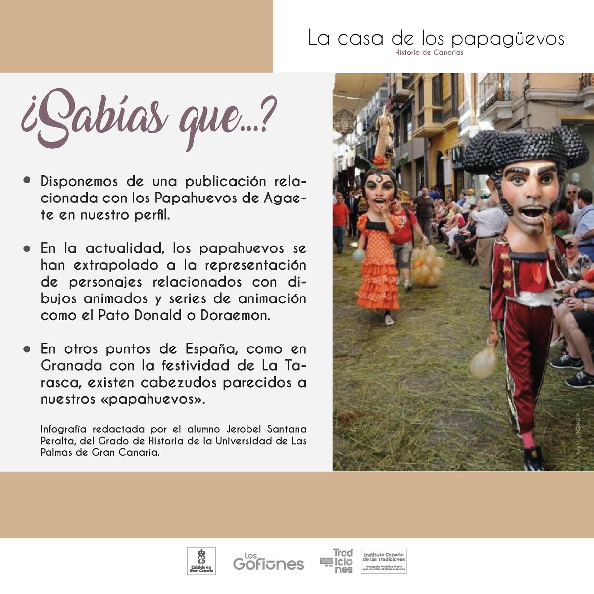 ¿Existen fiestas de nuestra niñez sin los Papahuevos? pues por eso hoy vamos a recordarlos a través de la Casa de los Papahuevos.
#ictradiciones #casadelospapagüevos #papagüevos #paseodelascanteras #fiestasdelpilar #guanarteme @LosGofiones  @GranCanariaCab