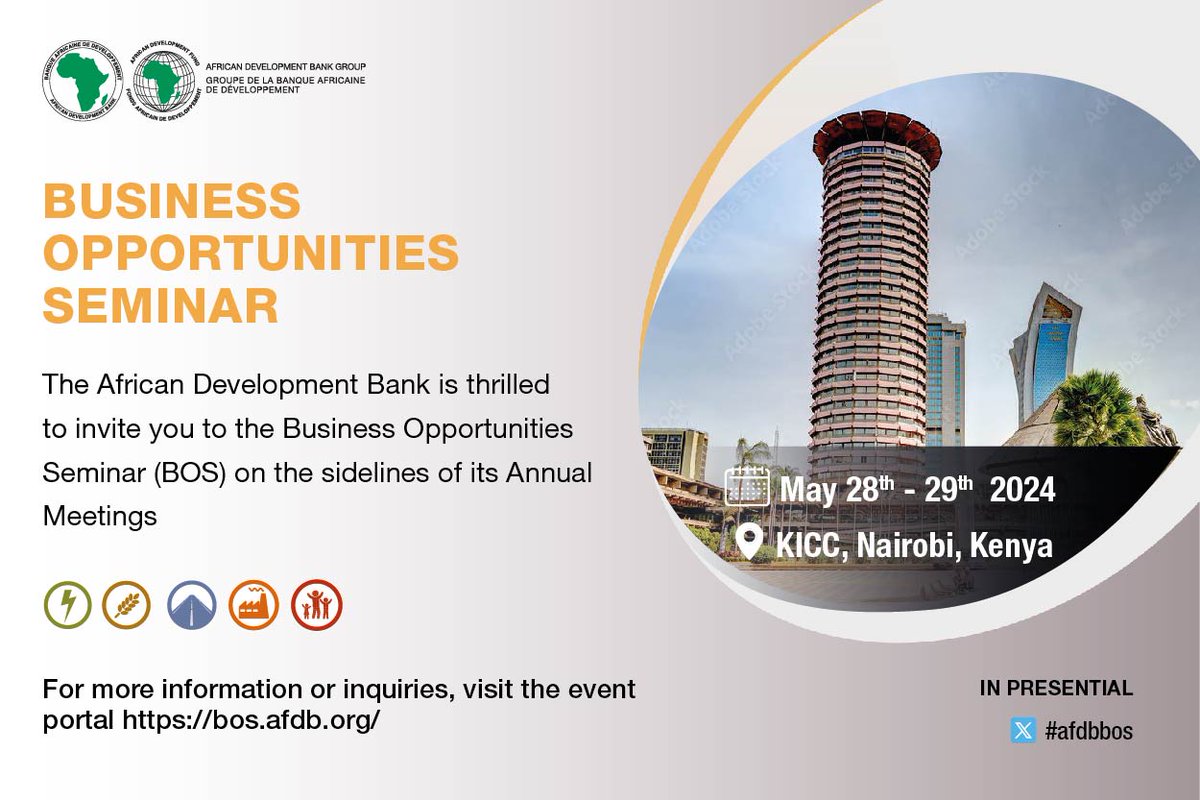 AfDB_Group's tweet photo. LAST CALL to register for the @AfDB_Group’s Business Opportunities Seminar being held in-person on the sidelines of #AfDBAM2024 in Nairobi, #Kenya. Join us to learn about partnership opportunities and providing goods and services to the institution. Registration details: https://t.co/IdJ3wg9r8G #AfDBBOS