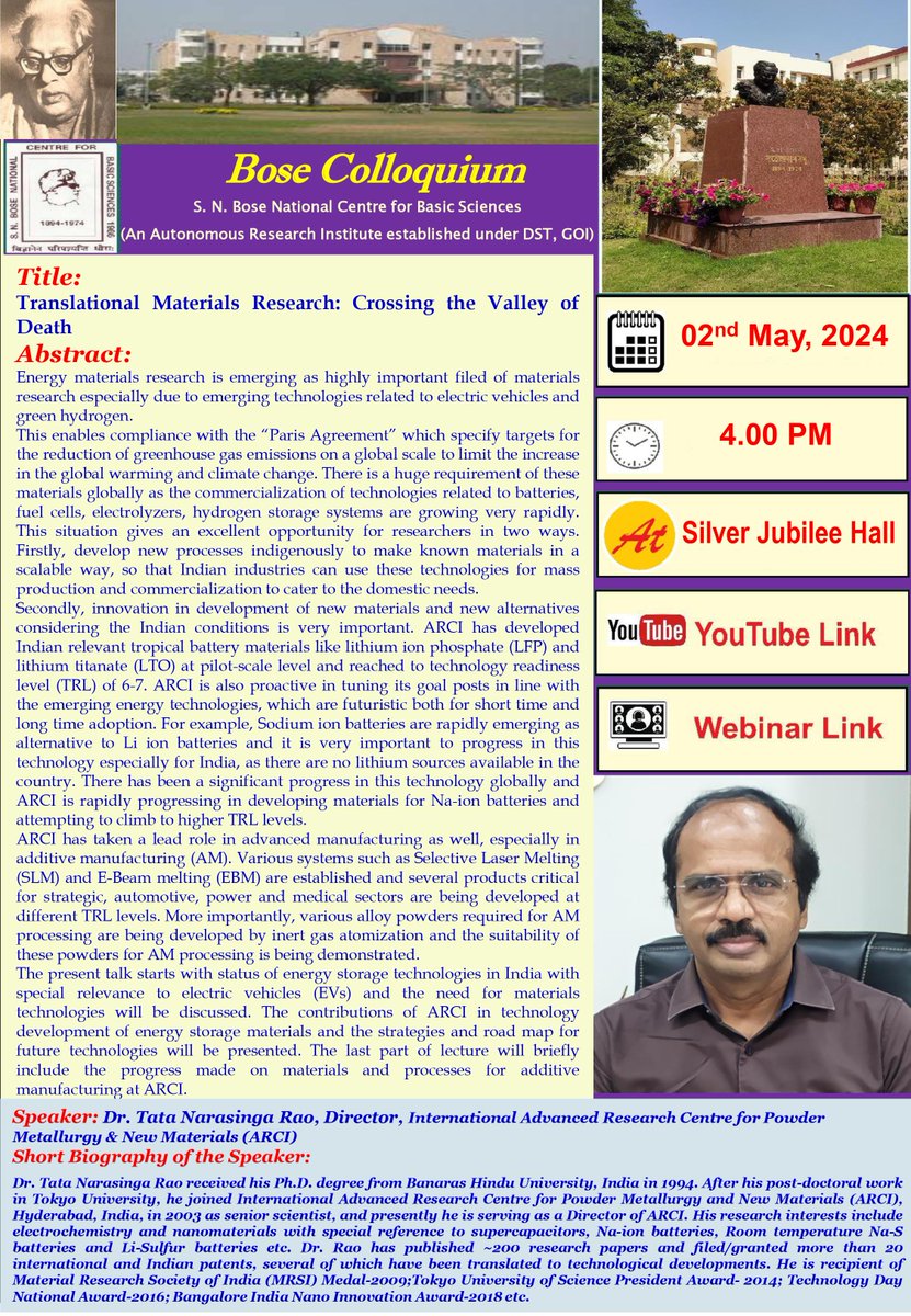 BOSE COLLOQUIUM on 02.05.2024 at 4.00 PM at the S N Bose Centre. SPEAKER : Dr. Tata Narasinga Rao, Director, IARCI, Hyderabad. TITLE : Translational Materials Research: Crossing the Valley of Death . For more details: bose.res.in/linked-objects…