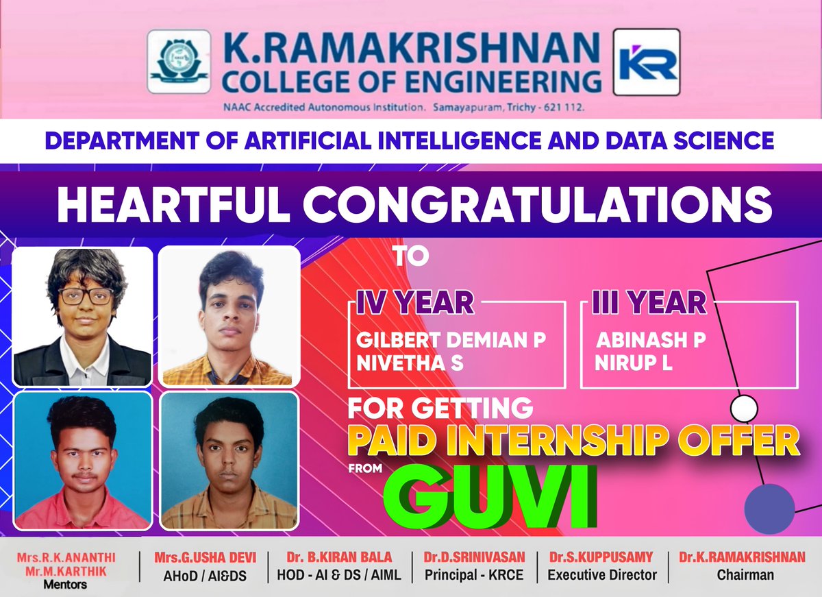 🎉 Heartfelt Congratulations to the 3rd and 4th Year Students for Securing Paid Internship Offers from GUVI! 🌟👏

#KRCE #KRGI #Congratulations #PaidInternship #GUVI #SuccessStory #InternshipOpportunity #CareerDevelopment #AchievementUnlocked #InternshipOffer #CareerGrowth