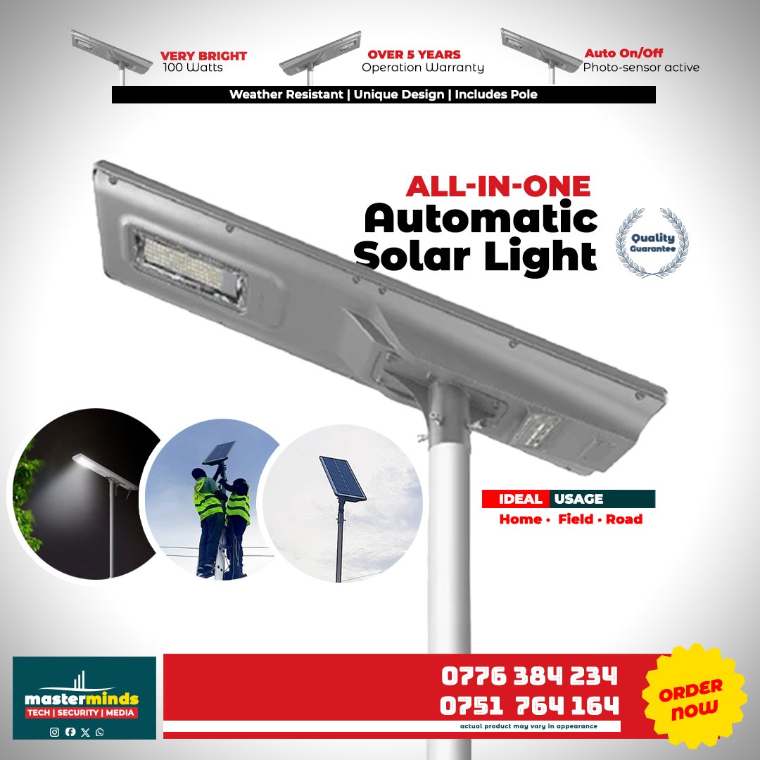 Save Electricity and light up your property with our 100w auto solar light. Over 10 years of operation. Order now 0776-384-234/ 0751-764-164