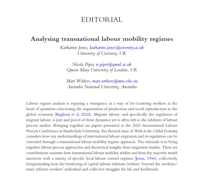 Curious about our upcoming themed issue? Check out the editorial from guest editors Katharine Jones, Nicola Piper & @MattWithers: doi.org/10.1332/273241…(It’s free to access!) @Usyd_ssps @CTPSR_Coventry #Migration #MigrantWorkers #LabourProcess