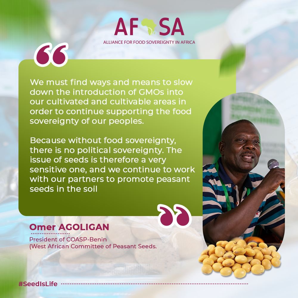 We are on day 3 of the #SeedIsLife Campaign launched by @Afsafrica ! And Omer Agoligan - President COASP Benin, urges us to slow down the introduction of GMOs in cultivable area in order to support food sovereignty of the people. #MaSemenceMaVie ⁠#InternationalSeedsDay