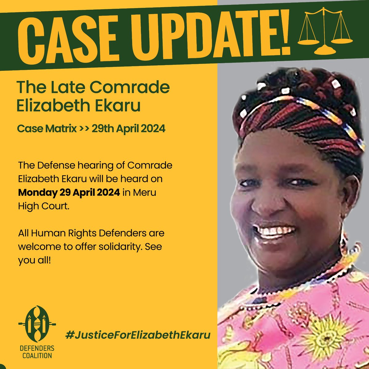 The @DefendersKE and WHRDs from Isiolo and Meru County are attending the defense hearing of the murder of WHRD Elizabeth Ekaru.
Elizabeth Ibrahim Ekaru was a woman human rights defender, a peace champion as well as an environmental and land rights defender from Isiolo County. She