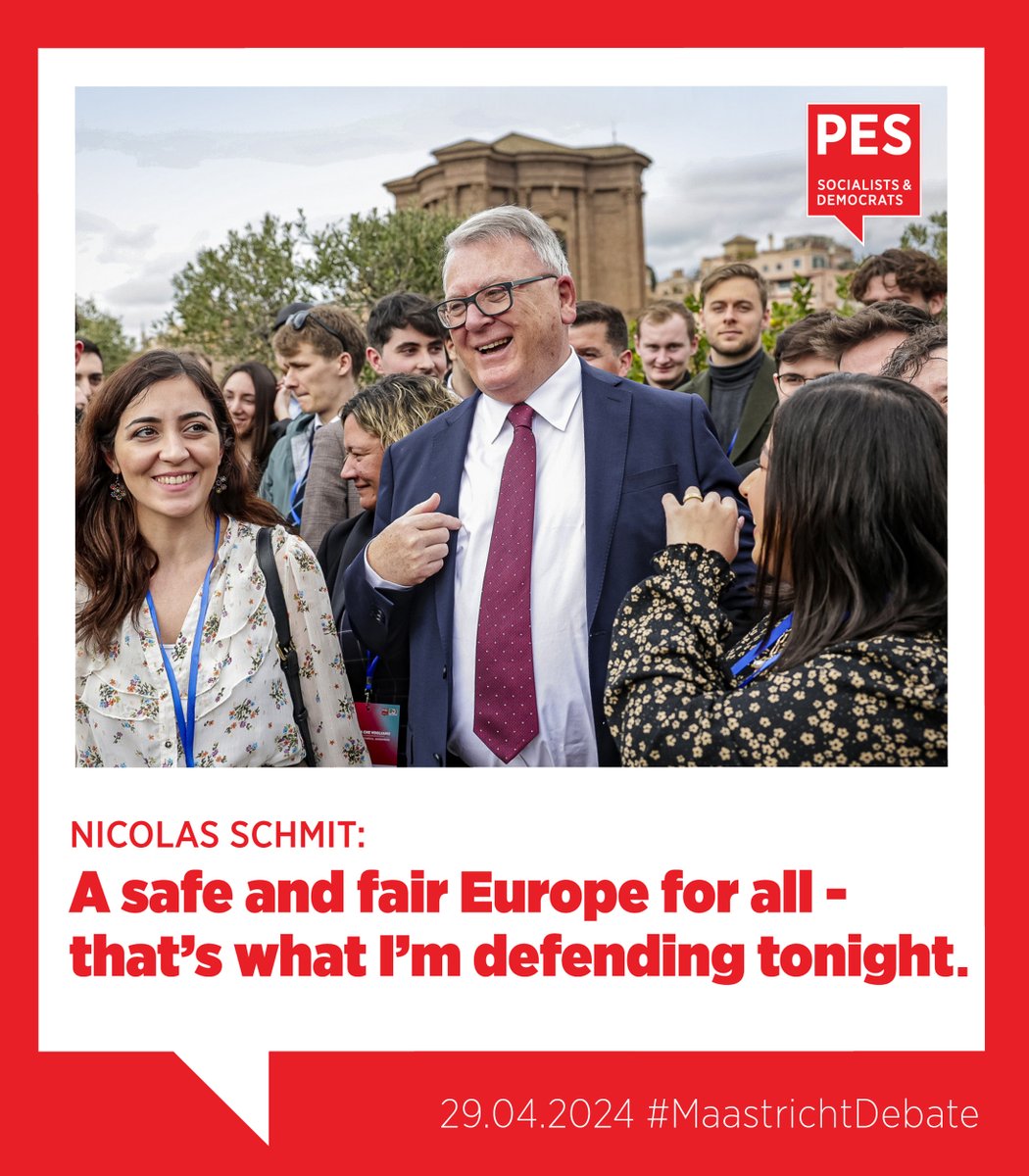 ⏰ Tonight. 19:00 CET. The campaign for Europe’s future reaches the debate stage. 📲 Watch live to see PES Common Candidate @NSchmitPES stand for our Europe: social, democratic, sustainable. 🔴📺 Watch live: maastrichtdebate.eu/watch-live/