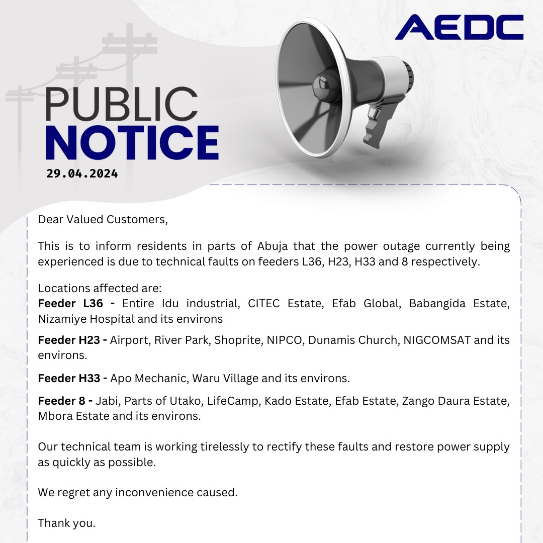 Dear Customers, This is for your information. #AEDC #Abujadisco #PowerofCommitment