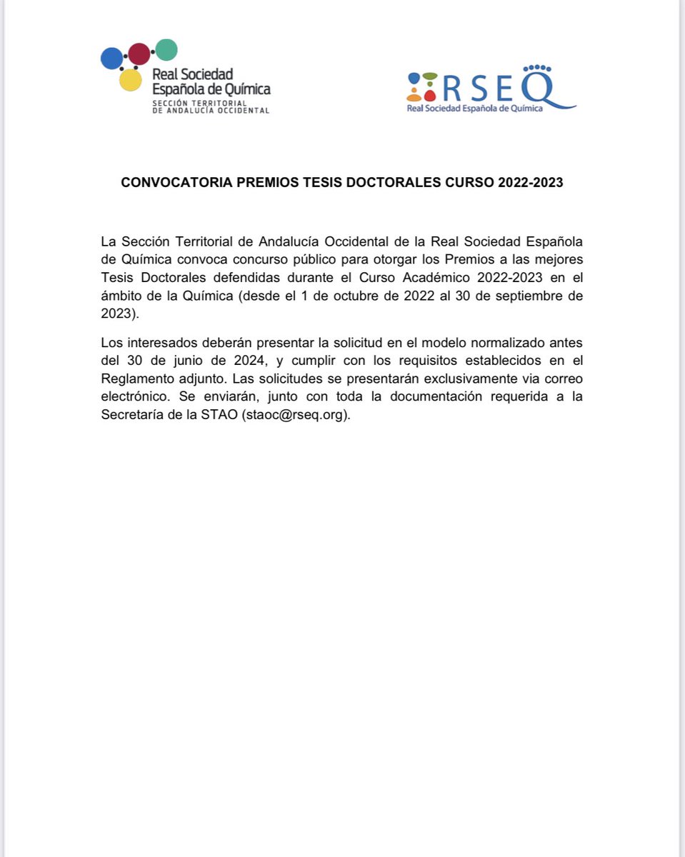 La Sección Territorial de Andalucía Occidental de la RSEQ convoca concurso público para otorgar los Premios a las mejores Tesis Doctorales defendidas durante el Curso Académico 2022-2023 en el ámbito de la Química (desde el 1 de octubre de 2022 al 30 de septiembre de 2023).