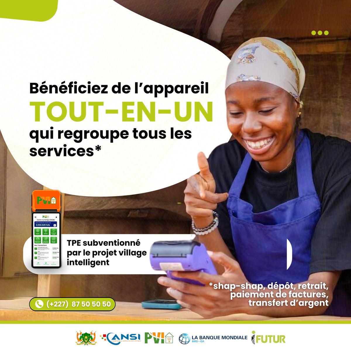 Avec un seul appareil dédié, offrez divers services (mobile money, shap-shap, paiement de factures, transfert d'argent...) et gagnez plus d'argent. (1/2)

#PVI #Zérocash #Banquemondiale