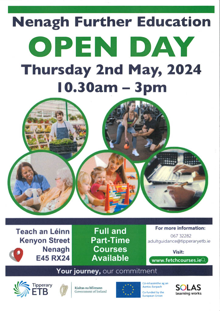 Welcome to all for Nenagh Further Education Open Day Thursday 2nd May 2024, 10.30am - 3.00pm Teach an Léinn. To find out more contact Geraldine 087 9326217 or use fetchcourses.ie @TipperaryETB @AdultEdNenagh #TipperaryETB #Fetchcourses#FETforeveryone #Nenagh