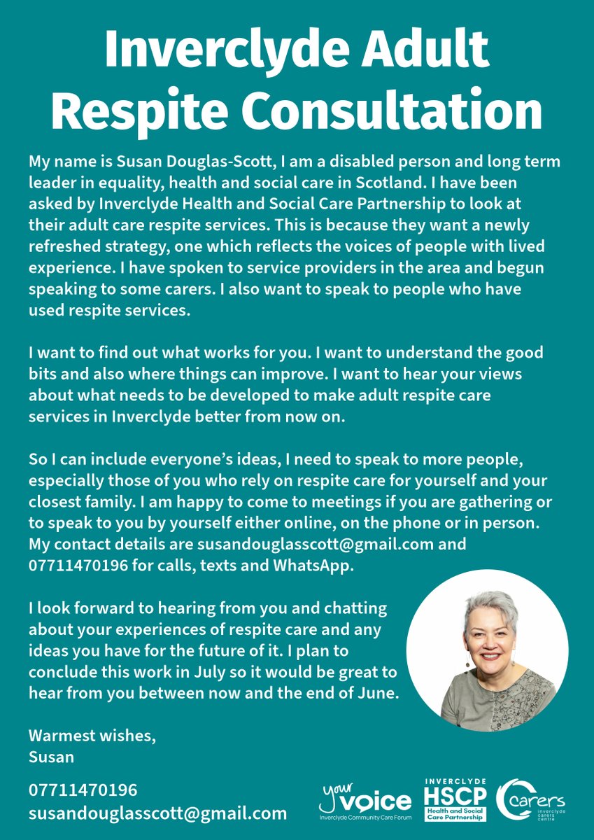 Susan Douglas-Scott has been commissioned to investigate Adult Respite Services within Inverclyde. Do you have experience with this, or know someone who does? 🙂 Please get in touch with Susan: 07711470196 susandouglasscott@gmail.com #respite #adultrespite #InverclydeCares