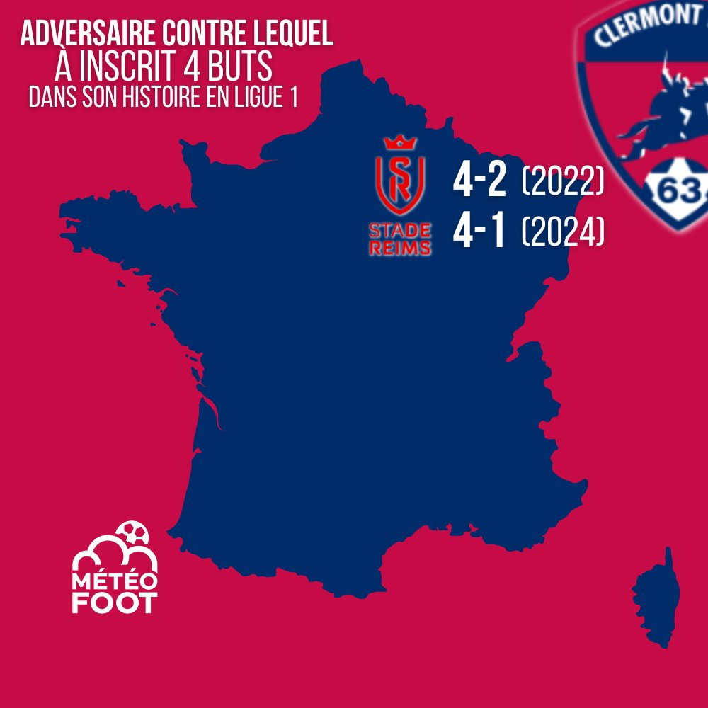 ⚡Ils ont retrouvé ESPOIR hier face à Reims. Le Stade de Reims qui leur sourit plutôt depuis 3 saisons..!

..Le CLUB PRÉSENT sur cette carte est le SEUL club de Ligue 1 face auquel le Clermont Foot a INSCRIT 4 BUTS lors d'un match de Ligue 1 dans son Histoire.

#CF63SDR #Ligue1