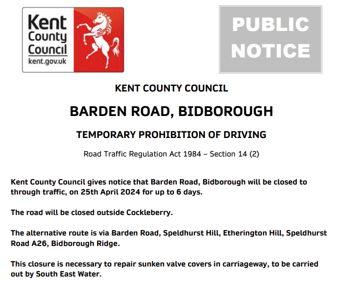 Bidborough, Barden Road. Road closed until 30th April for @sewateruk works.