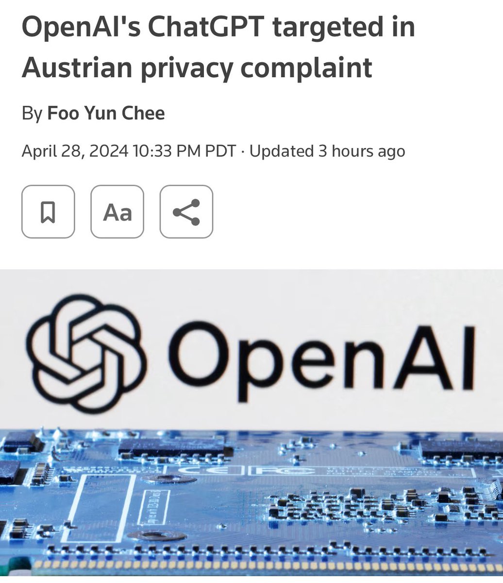 OpenAI targeted because:
“NOYB said the complainant in its case, who is also a public figure, asked ChatGPT about his birthday and was repeatedly provided incorrect information instead of the chatbot telling users that it does not have the necessary data.”
