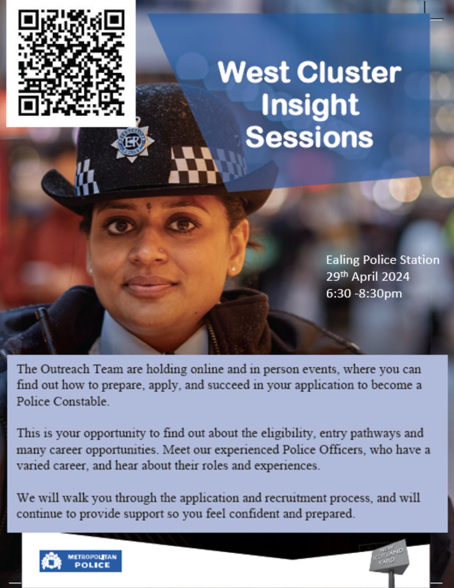 #NorwoodGreen & #Southall residents Fancy a career in Met Police? Join them tonight for a MET CAREERS INSIGHT SESSION. Find out what it takes to be a Police Officer or Police Staff & discover countless career opportunities. Limited spaces available! ow.ly/baTU50Roh1F
