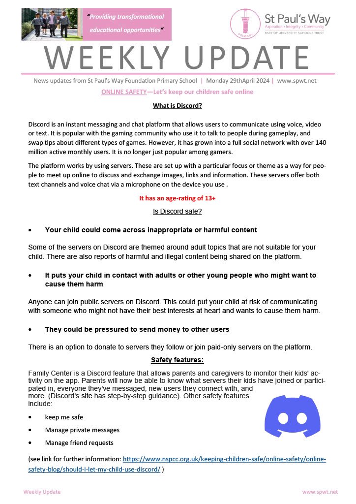 Primary Weekly Update on Online Safety - Lets keep our children safe online. #onlinesafety #keepmesafe #internetsafety #discord #nspcc
