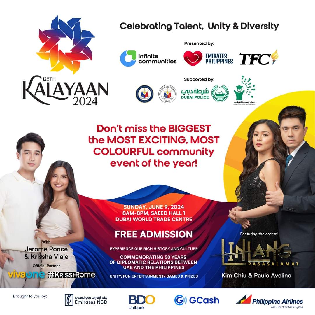 Presenting our Kalayaan 2024 artists, Wag kalilimutan
JUNE 9 KALAYAAN 2024!
At Dubai World Trade Centre
8 AM - 8 PM!
SAVE THE DATE!
#Kalayaan2024
#UAEPhilippines50Years 
#pid2024
#50YearsUAEPhilippinesFriendship
#TFC
#TFCMiddleEast
#EmiratesLovesPhilippines
#infinitecommunities