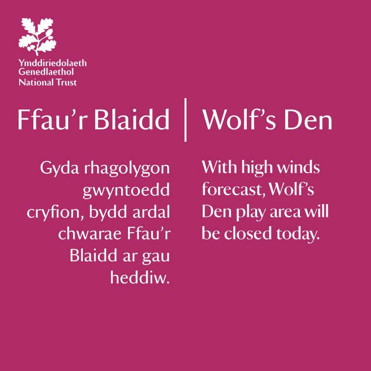 Due to high winds, our Wolf’s Den play area will be closed today (29 April). We’re sorry for any disappointment caused, but the safety of visitors is our priority. We’re open 10am – 5pm (house open 11.30am-3.30pm). bit.ly/45ytDi3 #Erddig
