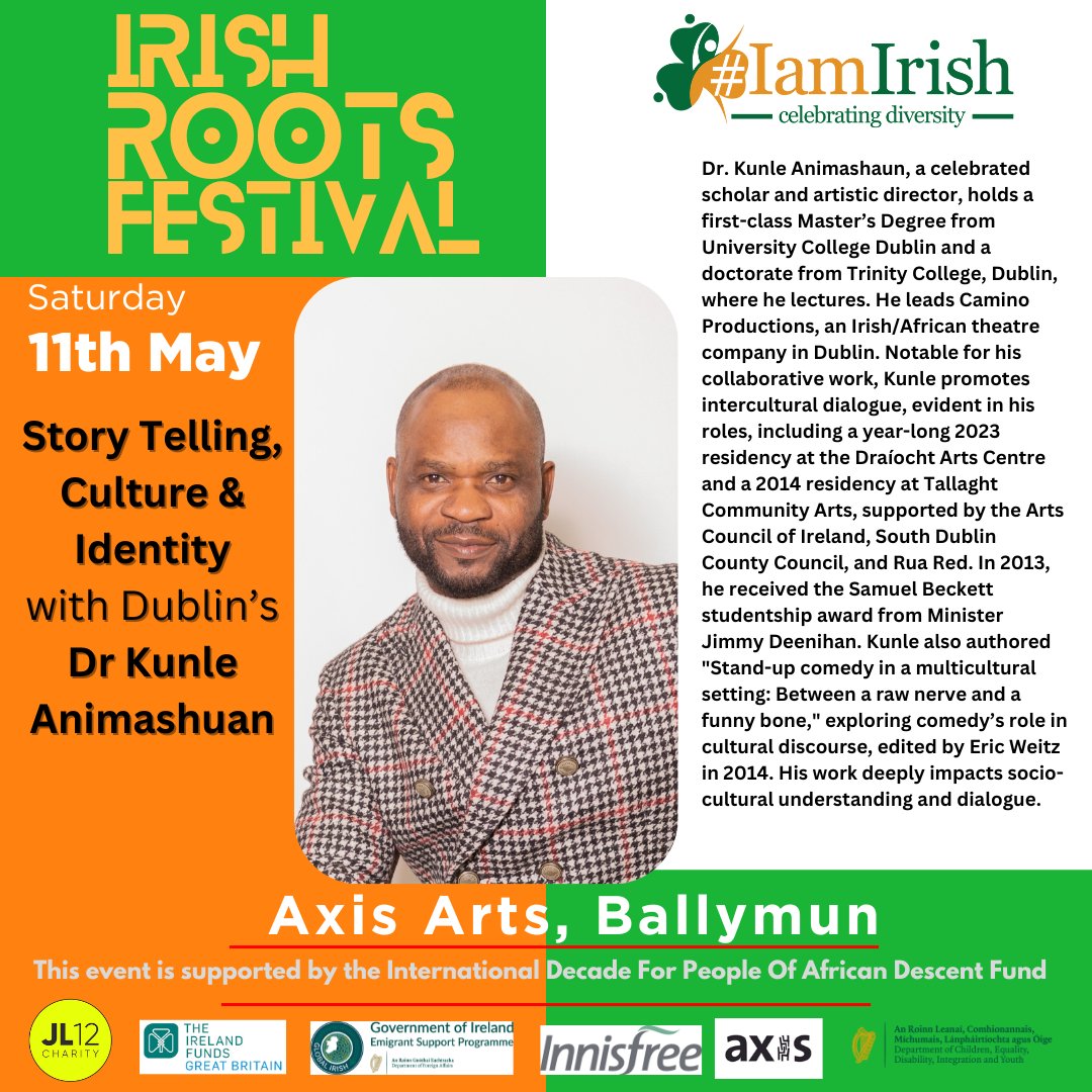 Catch Dr. Kunle Animashaun at @Axis_Ballymun May 11th! #IrishRootsFestival! Dive into stories that weave through cultures and spark conversations. 📚🌟 His sessions are a festival highlight! #Storytelling #CulturalDialogue