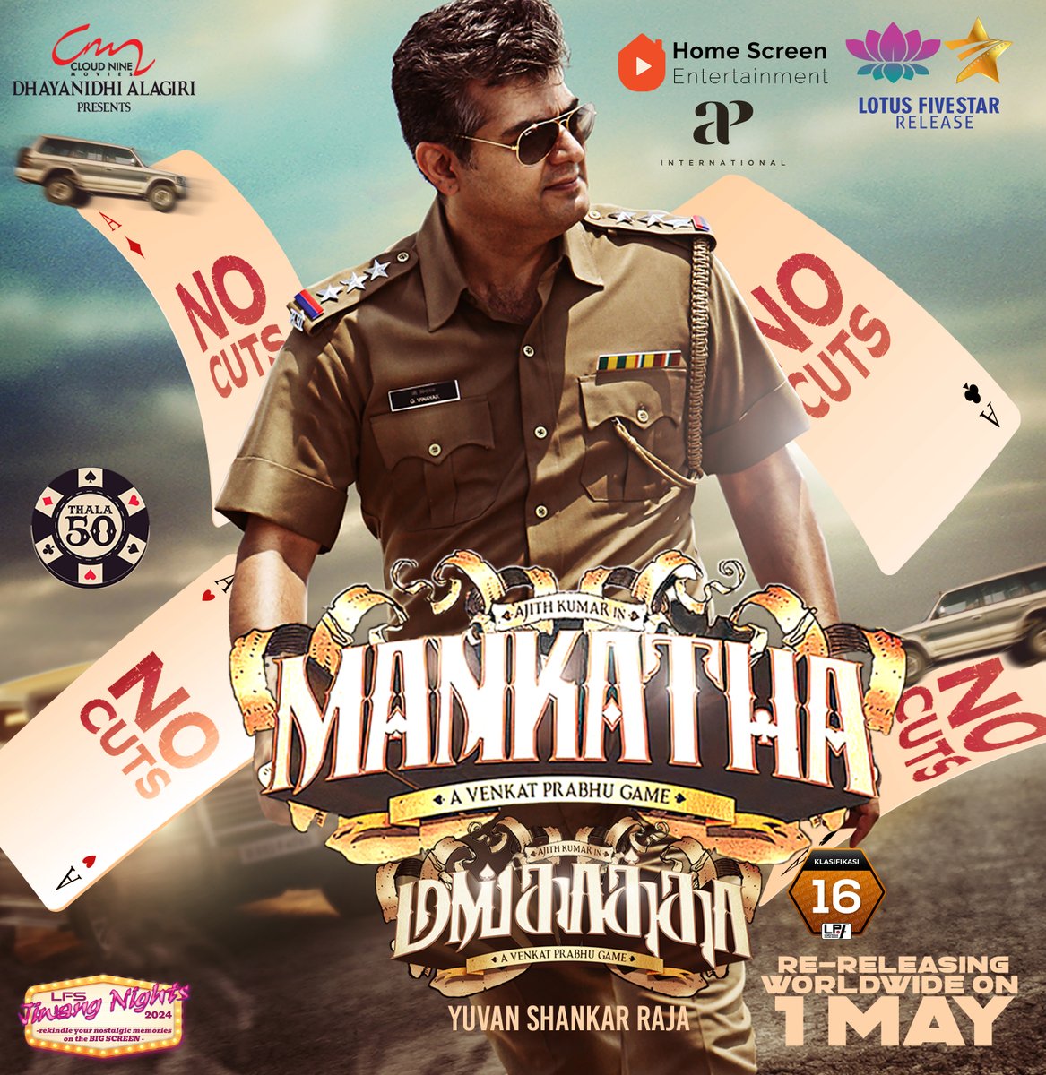 Experience Thala #AjithKumar in #Mankatha with NO CUTS! 🎬💯😉 Witness the FULL experience IN CINEMAS MAY 1️⃣ A @LotusFivestarAV Release! #AjithKumar @akarjunofficial @trishtrashers @Premgiamaren @iamlakshmirai @vp_offl @thisisysr @SonyMusicSouth @APIfilms #LotusFiveStarAV