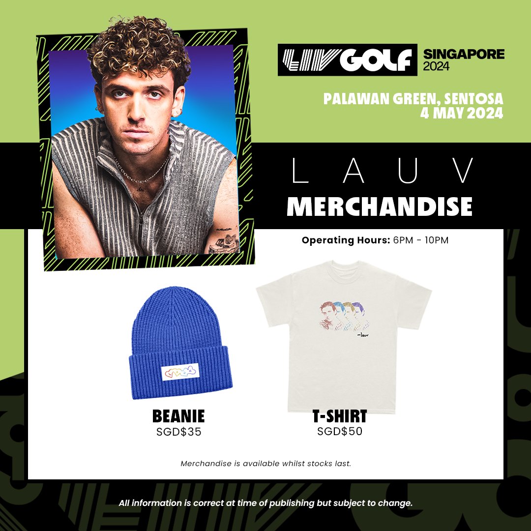 𝗟𝗜𝗩 𝗚𝗼𝗹𝗳 𝗣𝗿𝗲𝘀𝗲𝗻𝘁𝘀: 𝗟𝗔𝗨𝗩 𝗶𝗻 𝗦𝗶𝗻𝗴𝗮𝗽𝗼𝗿𝗲 // Merchandise Details 👕🎩 Let's get tattoos together, something to remember… or we could get some matching fits! 😎 Merchandise is available whilst stocks last, operating hours are from 6PM - 10PM. 🌟