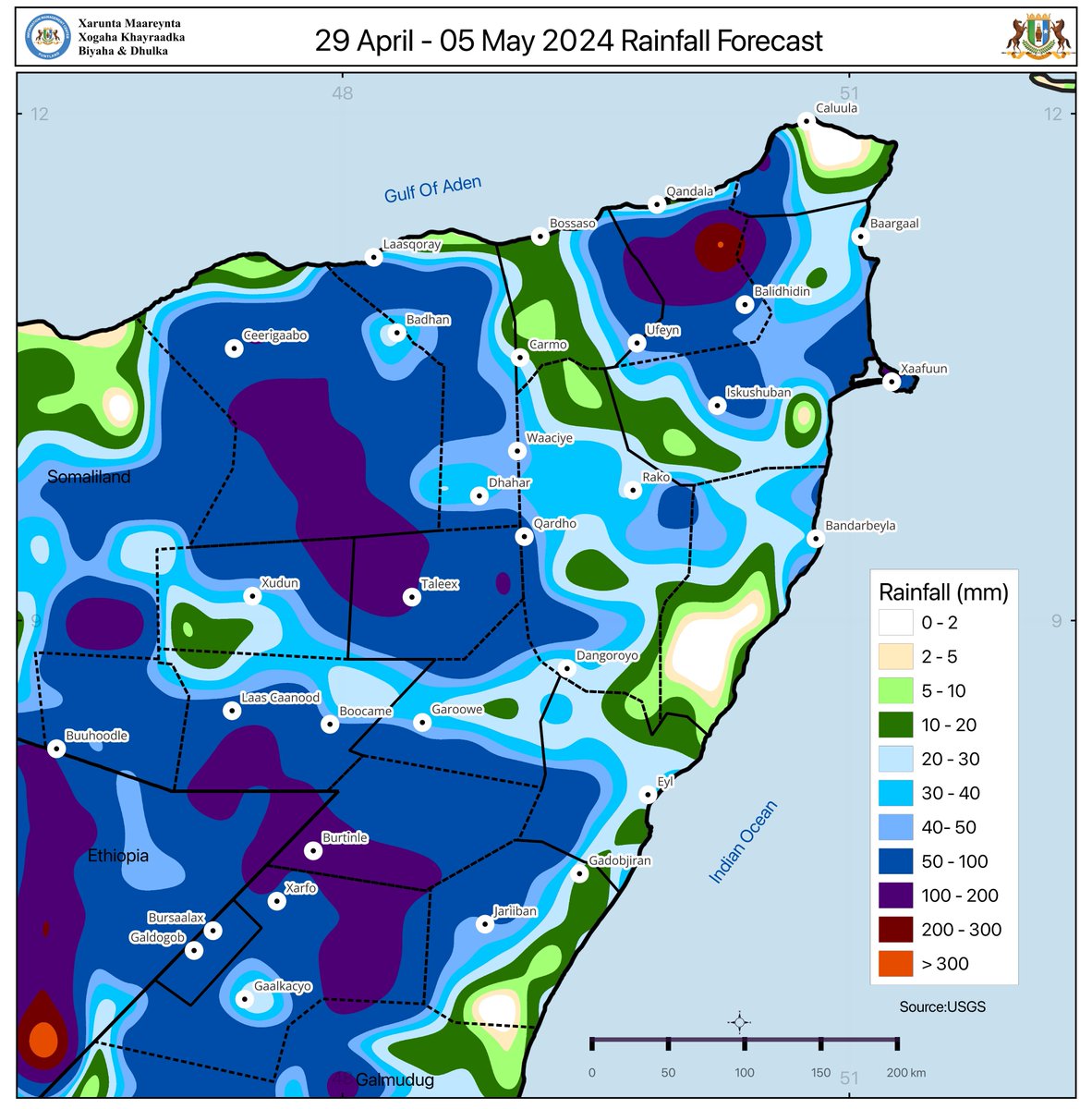 🌧️ Here is Putland's seven-day cumulative rainfall forecast from 29 April - 05 May 2024. #Puntland #Imc_Puntland