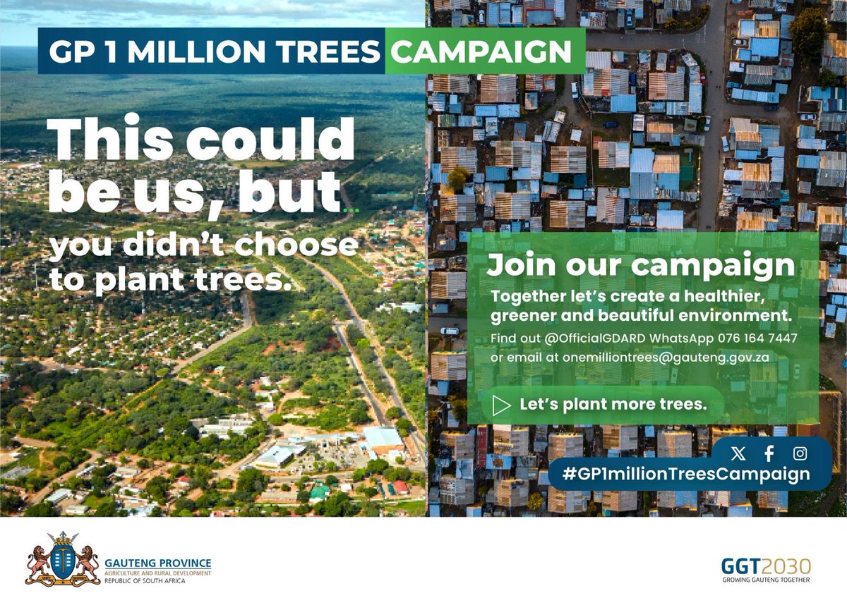 GP 1 MILLION TREES CAMPAIGN

This could be us, but you didn't choose to plant trees.

TO BE PART OF THE INITIATIVE
Please send us a whatsApp on 076 164 7447 or email at onemilliontrees@gauteng.gov.za or tag us on social media platforms. 

#GrowingGautengTogether #GP1MillionTrees