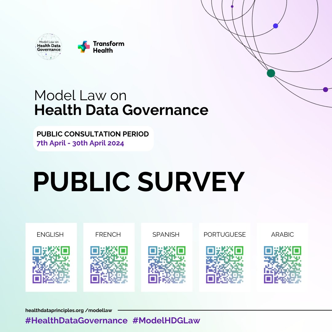 🚨Consultation period ends tomorrow! @trans4m_health & partners are convening a public consultation period until tomorrow to gather inputs on draft model law on #healthdatagovernance! Share your inputs through the public survey: healthdataprinciples.org/modellaw #ModelHDGLaw
