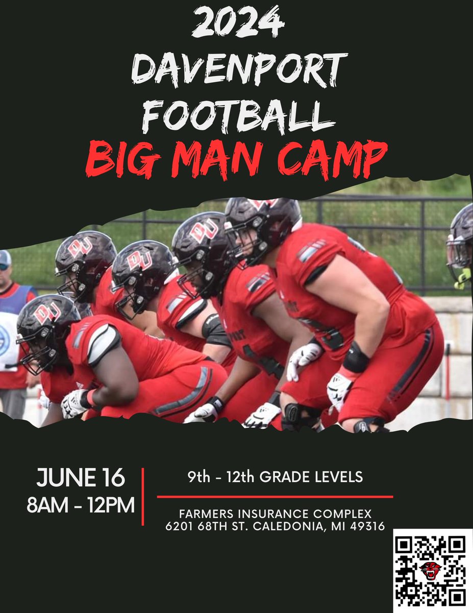 Get signed up for Big Man Camp June 16th! Great opportunity to get better up front! Best camp of the summer!! #OLPride #SpotTheBall #Ubuntu epay.davenport.edu/C20659_ustores…