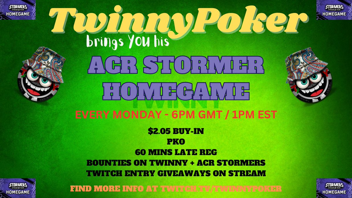 We are Live with @ACRStormers $2.05 PKO Homegame, 6pm GMT/1pm EDT. 
♦️Monthly/Yearly Leaderboards
♠️Extra Bounties
♥️Free Entries
♣️Part of WSOHG
@ACR_POKER #OSSXL #MysteryBounty #TheBeast #DailyDouble #Good4Poker #ACRGiveaway #PositiveVibes
twitch.tv/twinnypoker