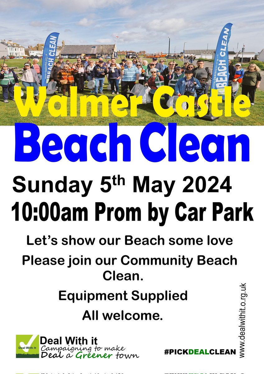 Next beach clean is on the prom in front of Walmer Castle on Sunday 5th May at 10am @DoverDC @sandowncastle1 #pickdealCLEAN