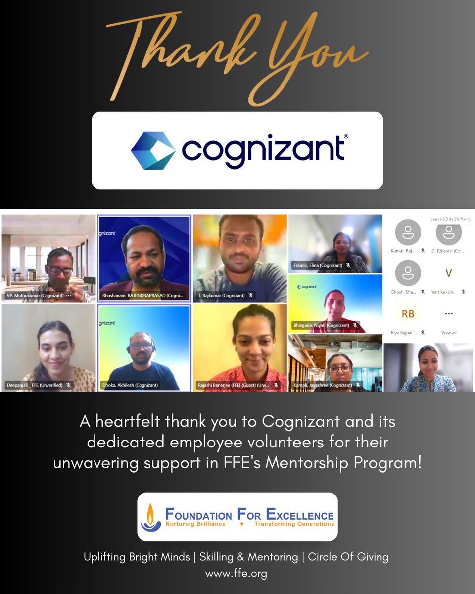 Celebrating Another Impactful Mentoring Cycle with Cognizant! 
A heartfelt thank you to Cognizant and its dedicated employee volunteers for their unwavering support in FFE's Mentorship Program!
#CognizantMentors #FFEMentorshipProgram #VolunteerImpact #SoftSkillsDevelopment
