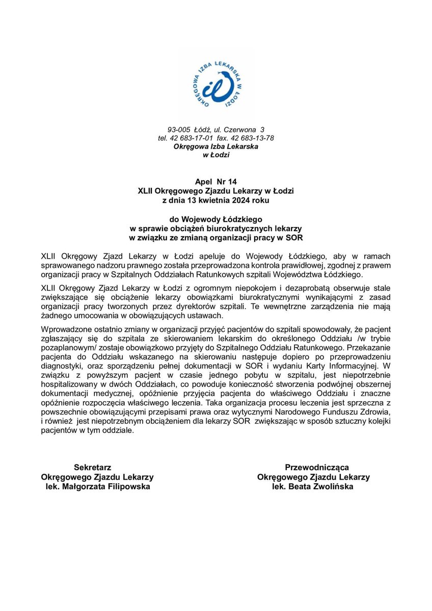 Temat istotny dla wielu lekarzy w woj., dodatkowe obowiązki biurokratyczne tylko po to żeby lepiej rozliczyć pobyt pacjenta! Poinformowaliśmy o tym Wojewodę Łódzkiego korzystając z jej obecności na naszym Zjeździe. Oczekujemy pilnej interwencji <a href="/luw_lodz/">Łódzki Urząd Wojewódzki w Łodzi</a>