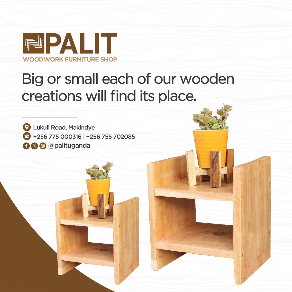 Every wooden creation will find its place, big or small! #Sidetable, #shelf or #potholder it is crafted with passion at the PALIT #WOODWORK #FURNITURE SHOP in Makindye on 0775000316 | 0755702085 ! 🛠️🪵  #woodenfurniture #woodendecor #woodenaccessories