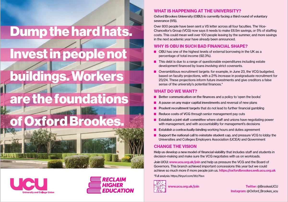 Here is our strategy for Oxford Brookes. Workers are the foundations of our university. @ucu @oxford_brookes @AnnelieseDodds @LaylaMoran @chrisjarvisdiy We need: 1) Transparency: better communication on the financial situation and a policy to ‘open the books’ 1/4