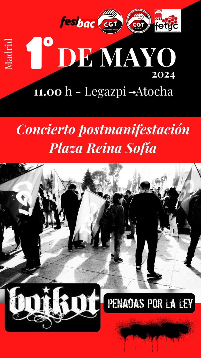 CGT Transportes Madrid (@cgttcmadrid) on Twitter photo Ganarnos la vida nos cuesta la vida. ¡El #1deMayo luchemos por unas condiciones laborales dignas! Por ello salimos a las calles. <a href="/SFFCGT/">CGT Sector Federal Ferroviario</a> <a href="/CGT/">CGT</a>
<a href="/cgttcmadrid/">CGT Transportes Madrid</a> <a href="/CGTfesibac/">FESIBAC-CGT</a> <a href="/CGTFEHAC/">FEHAC CGT 🔴 ⚫ ⚒️</a> <a href="/fetyccgt/">Fetyc</a> <a href="/BOIKOTBAND/">BOIKOT</a>
<a href="/PENADASPORLALEY/">Penadas Por La Ley</a> #anarcosindicalismo Ganarnos la vida nos cuesta la vida. ¡El #1deMayo luchemos por unas condiciones laborales dignas! Por ello salimos a las calles. <a href="/SFFCGT/">CGT Sector Federal Ferroviario</a> <a href="/CGT/">CGT</a>
<a href="/cgttcmadrid/">CGT Transportes Madrid</a> <a href="/CGTfesibac/">FESIBAC-CGT</a> <a href="/CGTFEHAC/">FEHAC CGT 🔴 ⚫ ⚒️</a> <a href="/fetyccgt/">Fetyc</a> <a href="/BOIKOTBAND/">BOIKOT</a>
<a href="/PENADASPORLALEY/">Penadas Por La Ley</a> #anarcosindicalismo
