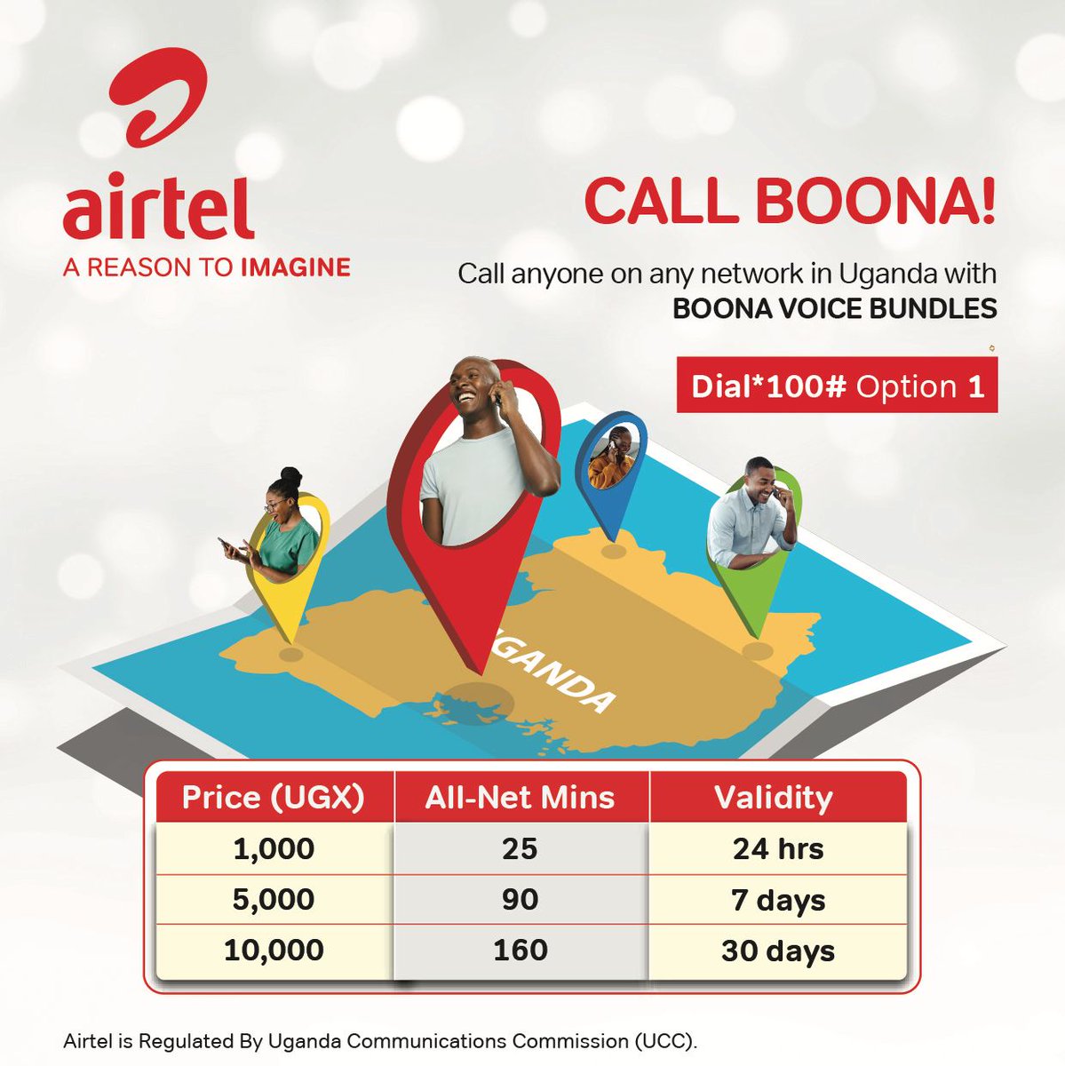 The Airtel Boona bundles allow you to call anyone on any network in Uganda. Dial *100# and choose Option 1 to get yourself a bundle of your choice today
#AReasonToImagine
#CallBoona