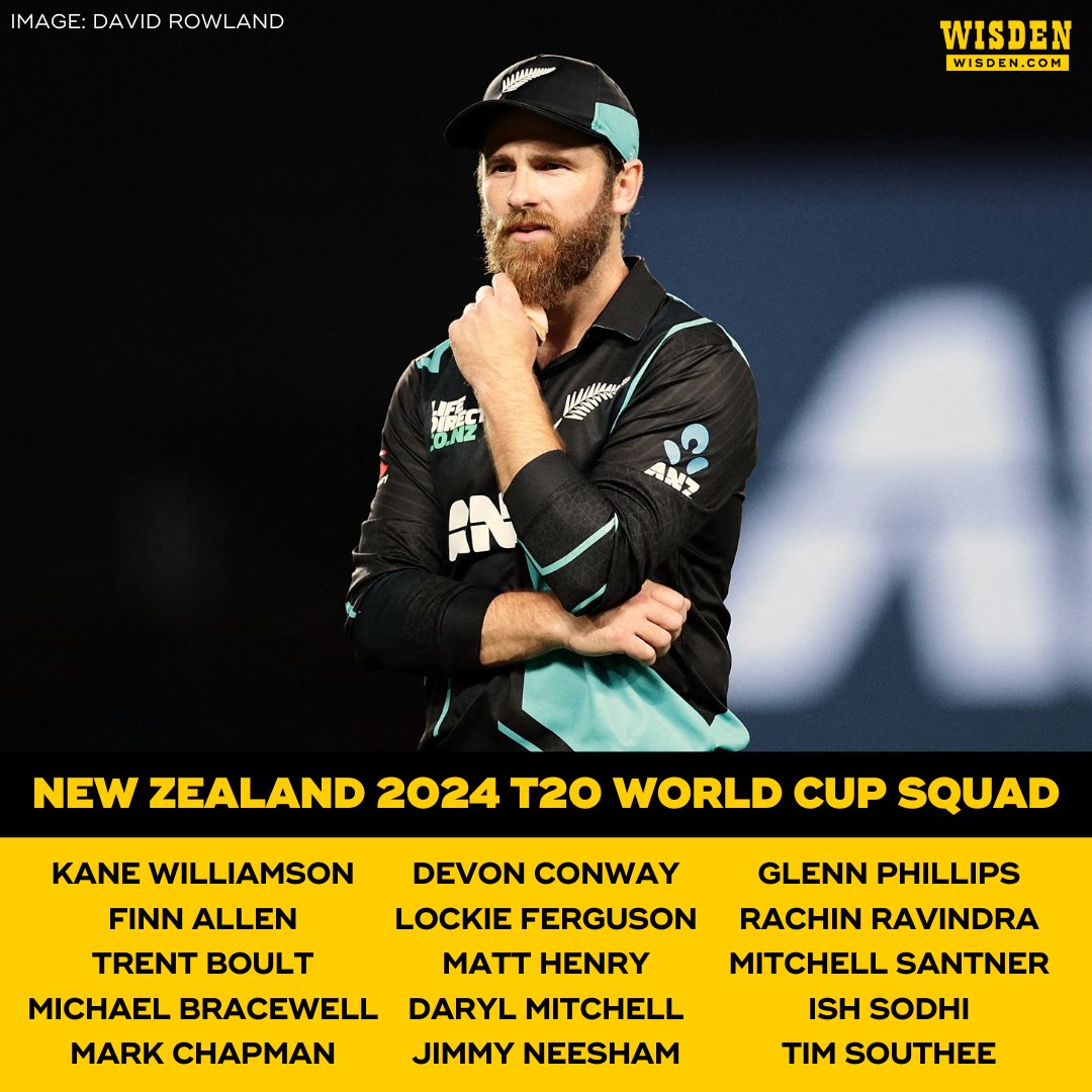 New Zealand have announced their squad for the 2024 T20 World Cup 🇳🇿 Their 15-strong group is largely unchanged from the 2022 tournament, with Matt Henry and Rachin Ravindra the only new faces, replacing Martin Guptill and Adam Milne. #T20WorldCup