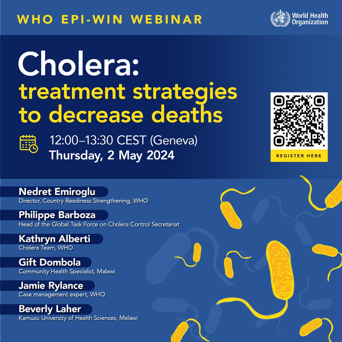 Do join @WHO #EPIWIN webinar 'Cholera: treatment strategies to decrease deaths', Thu 2 May 2024 12.00 CEST. Though preventable & treatable, there's been a surge in cholera outbreaks. This discusses practical lessons learned in the last 2 years. Register: shorturl.at/sQV17