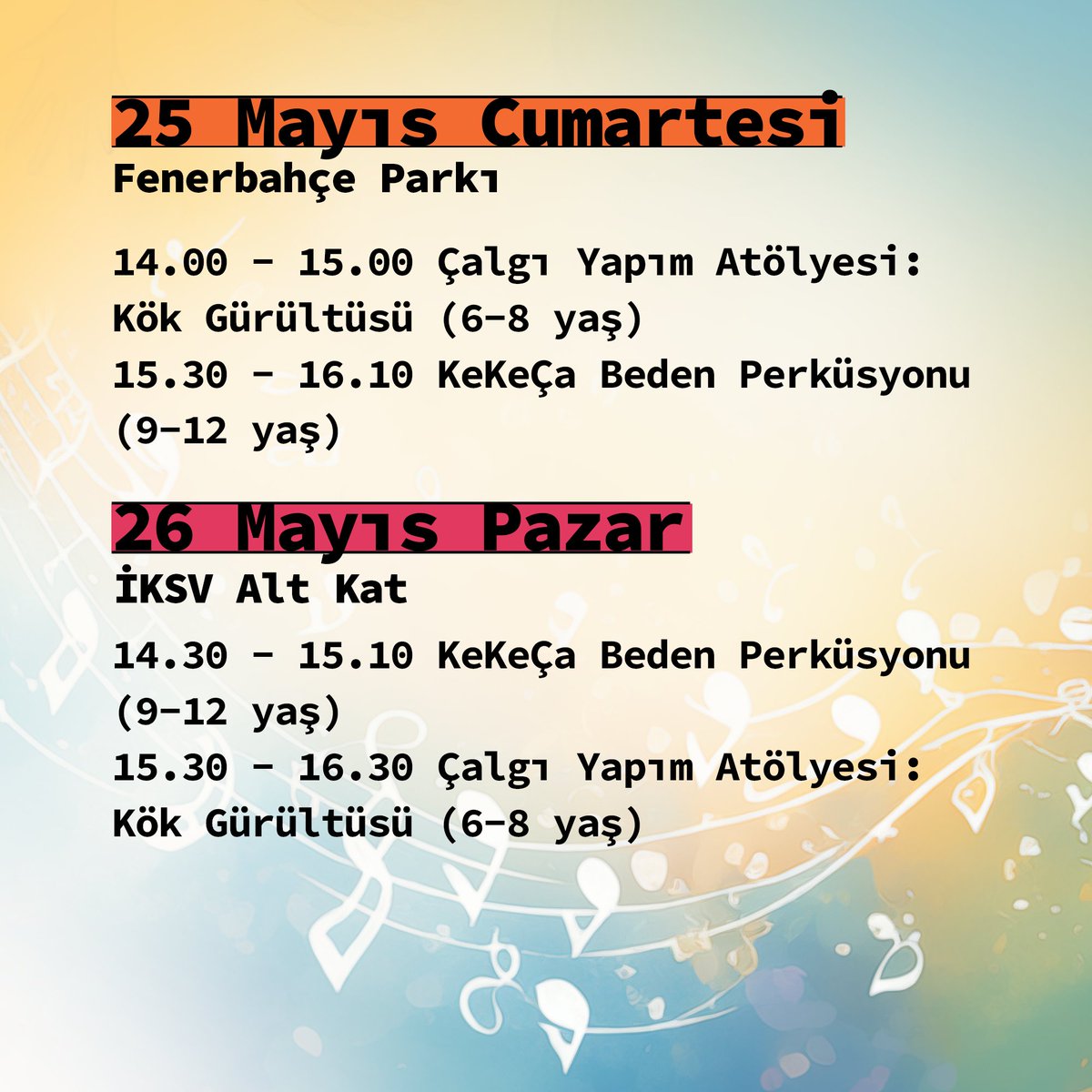 52. İstanbul Müzik Festivali kapsamında, çocuklar ve ailelerine özel Müzikli Bir Hafta Sonu etkinliklerimizde buluşuyoruz. 🪇 🔸Detaylar için; bit.ly/3UbBGwg 🔸Rezervasyon için; bit.ly/49VRJnJ #İKSVALTKAT #İstanbulMüzikFestivali #iksvseveseve