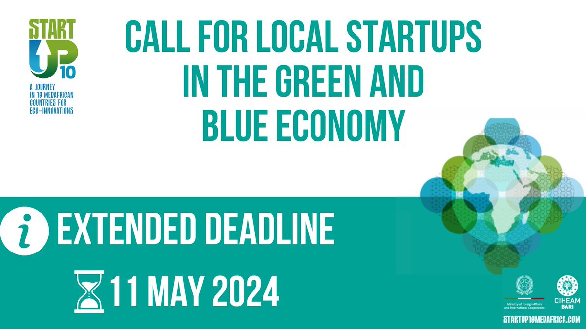 #EXTENDEDDEADLINE CALL FOR LOCAL STARTUPS IN THE GREEN&BLUE ECONOM 📌The deadline of the #StartUP10 call for selecting 140 startups companies operating in the #green and #blueeconomy has been extended to 11 May 2024 at 23.59 (CET time)‼️ 🚀Apply now: startup10medafrica.com/call-for-start…