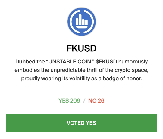 209 members voted to launch $FKUSD - which is your favorite #memecoin project on our platform? Vote at app.fomobull.club/launchpad