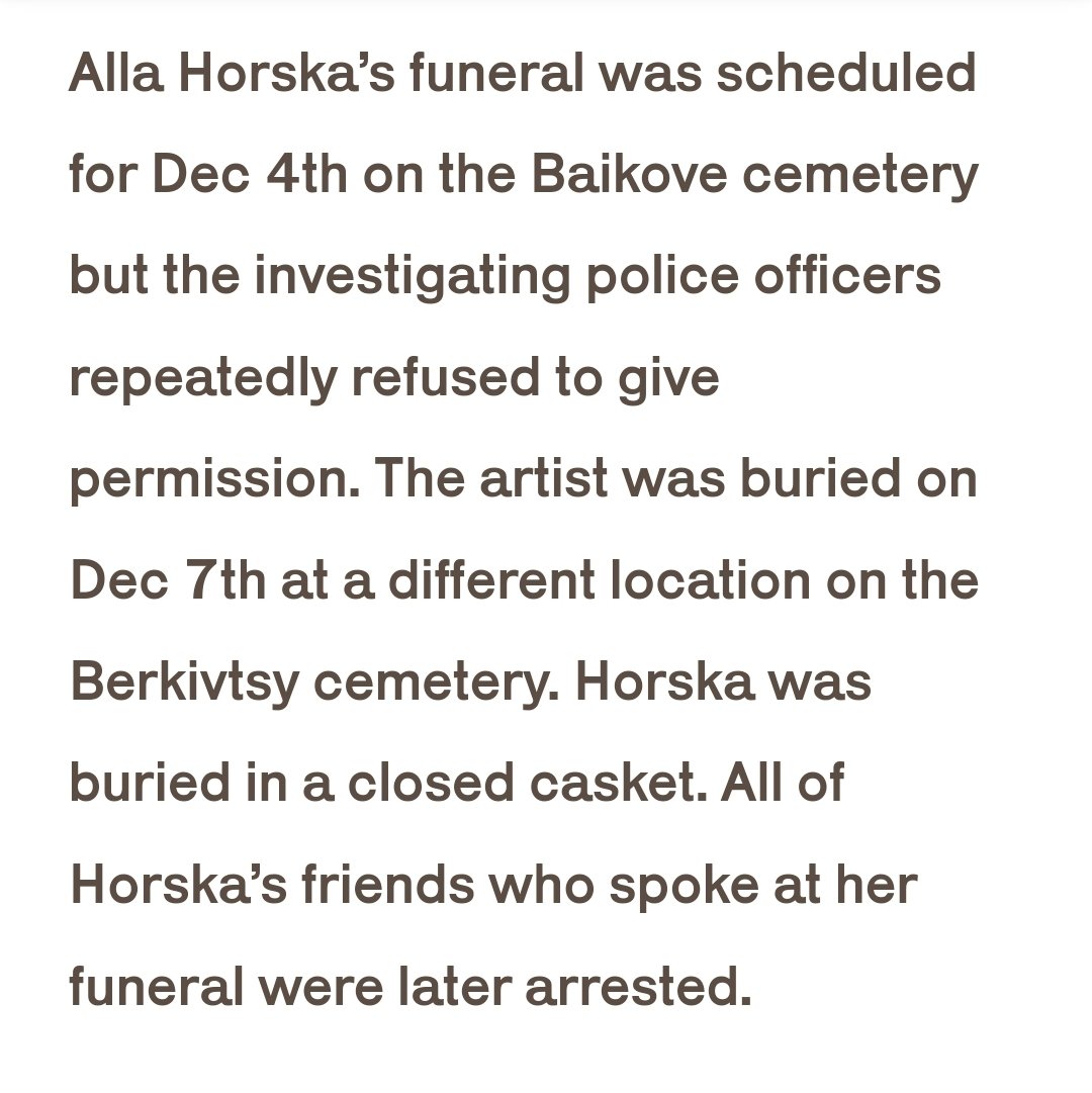 I visited the Alla Horska exhibition at Ukrainian House yesterday, and while it's established how russia has always murdered Ukrainian creatives, reading specific cases always brings it sickeningly home. KGB killed her, dumped her body at her father-in-law's, then beheaded him.