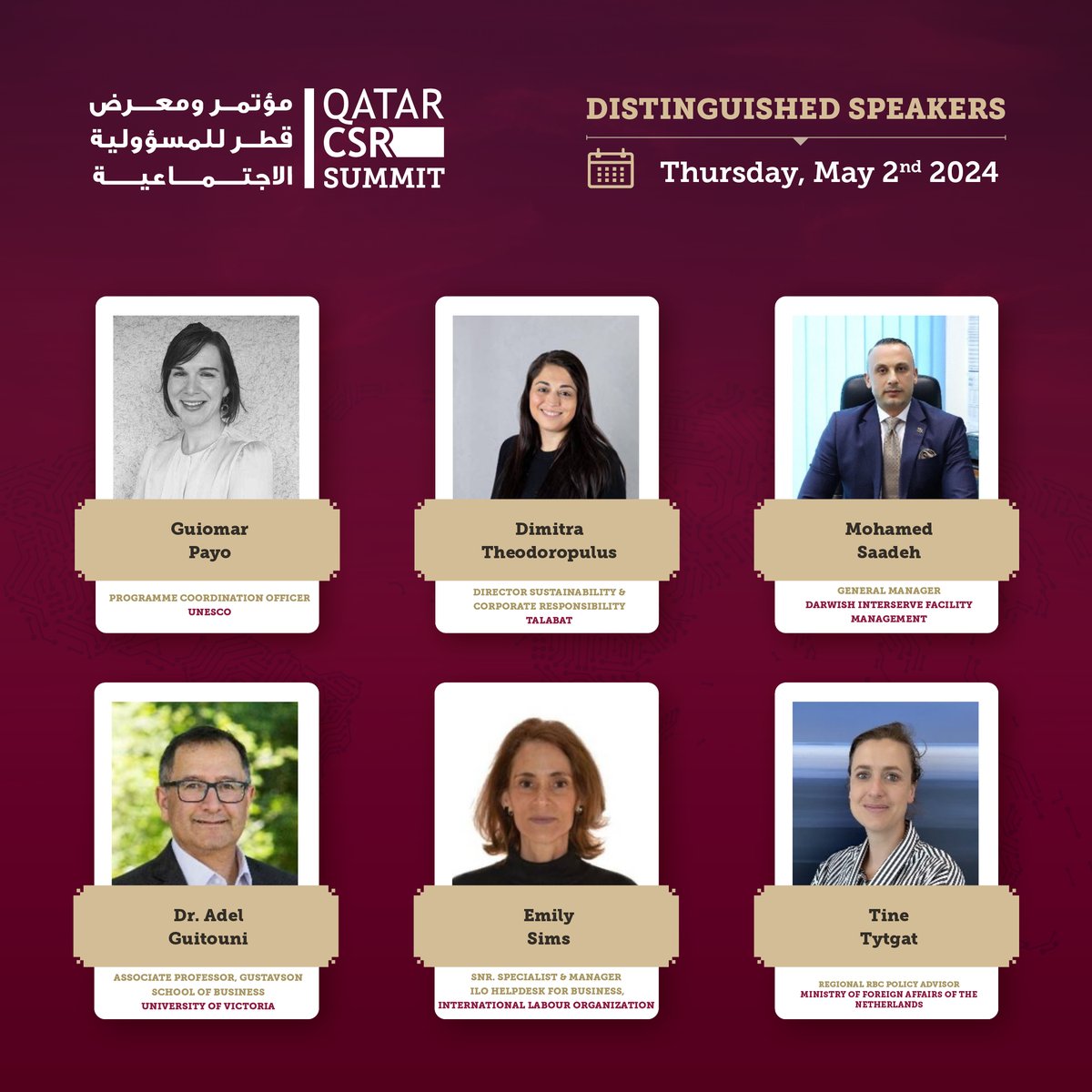 Discover our esteemed lineup of speakers for Day 3 of the Qatar CSR Summit, centered on recent international developments in responsible business conduct (RBC). Join us from April 30th to May 2nd at the Qatar National Convention Centre (QNCC). Register to attend