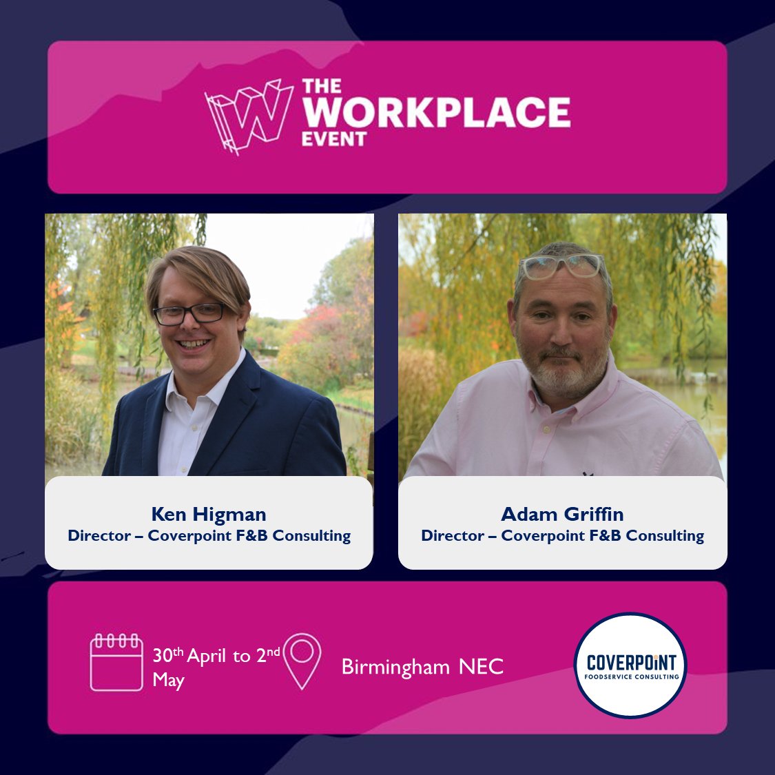 Mark your calendars for the @WorkplaceEvent
at @thenec in Birmingham!
 
Want to talk F&B in the workplace, disruption, trends and innovations? Then meet our workplace experts @AdamGriffin65 & @Ken_Higman_Food 

#WorkplaceEvent #foodservice #workplace #flexwork 
#offices #WFH