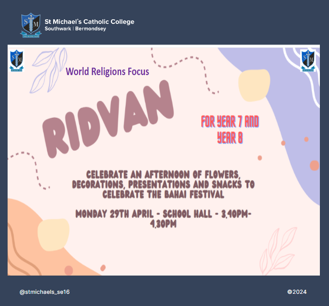 This week the Student Chaplaincy Team will be sharing information about the Baha'i festival Ridvan which includes hosting a celebration event for Year 7 and 8 students after school today so they learn more about this festival and the Baha'i faith.