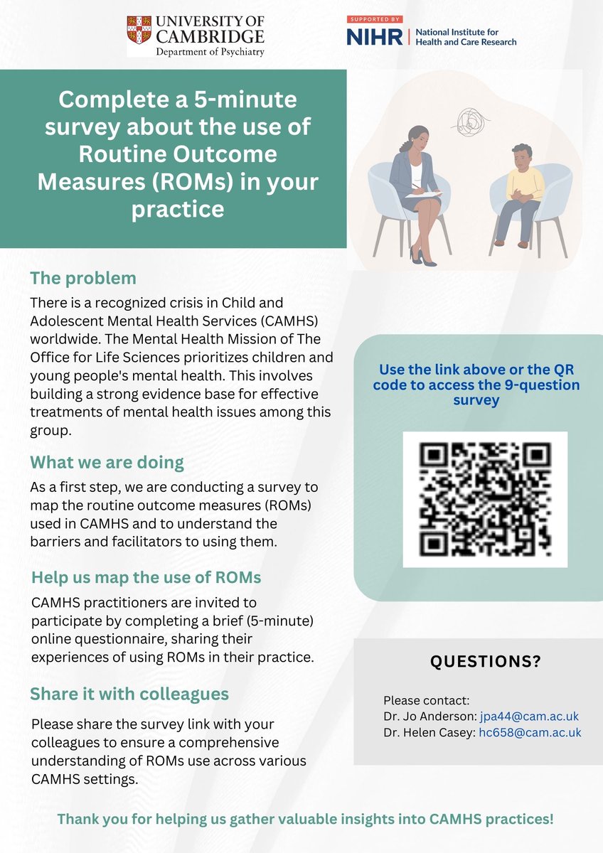 Do you work with children and young people with mental health difficulties? Please follow the link to complete a 5-min survey to help us map routine outcome measures used in children and young people's mental health services cambridge.eu.qualtrics.com/jfe/form/SV_6A… See below for more details:
