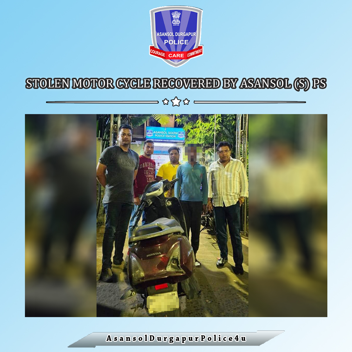 Good work by Asansol South Police Station! They apprehended the suspect involved in a motorcycle theft case and then successfully recovered the stolen motorcycle. Kudos to our police force. 

#ADPC #WBP #CrimePrevention